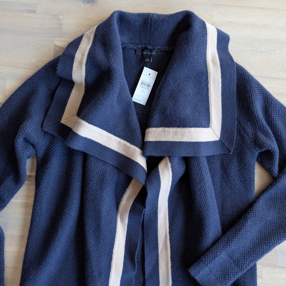 ANN TAYLOR Striped Trim Cascade Cardigan Sweater Navy w/ Beige Trim Size XS NEW - Picture 4 of 11